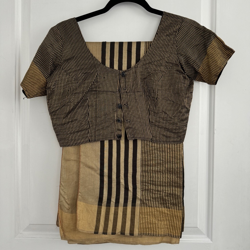 Raw Silk Sari Gold and Black Stripes